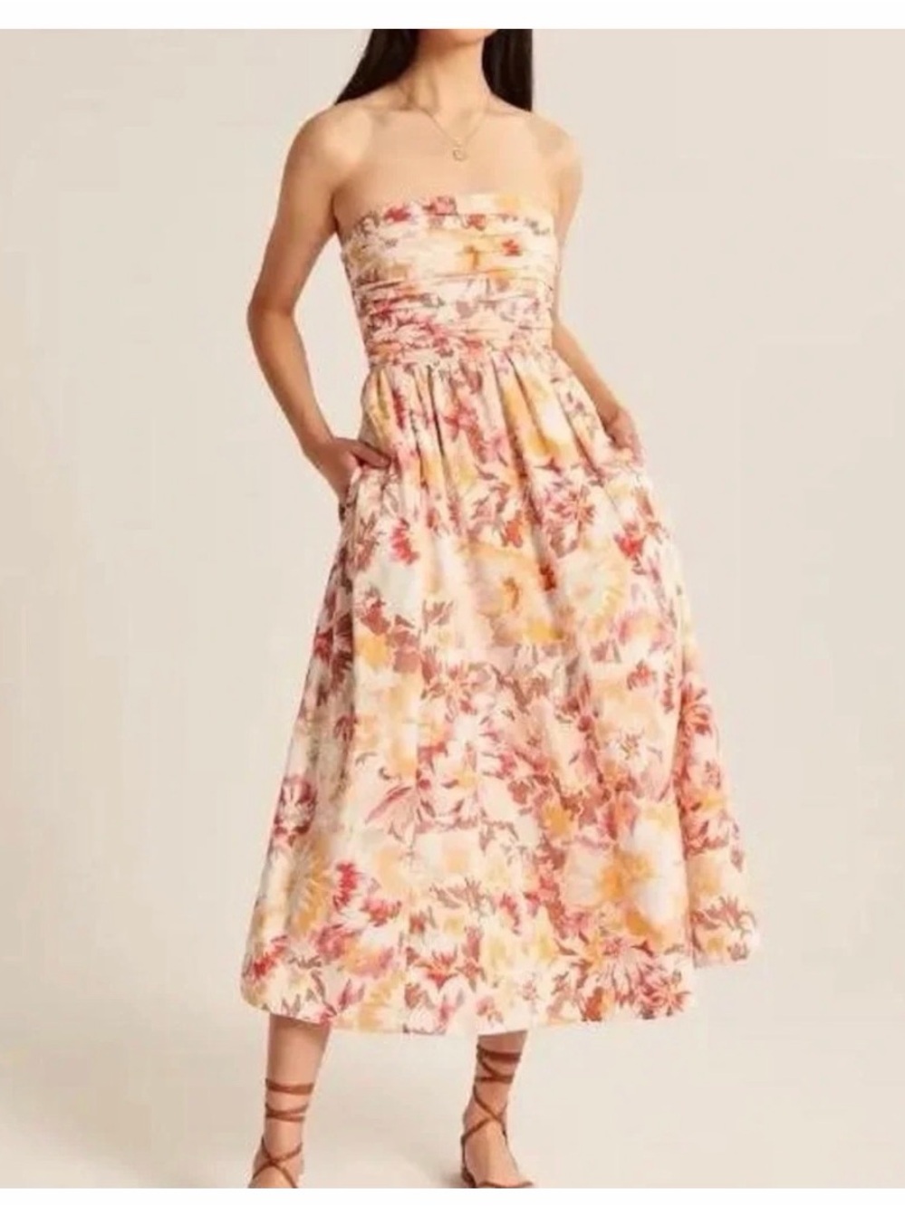 Abercrombie & Fitch Strapless Floral Midi Dress in Cream, Pink and Yellow